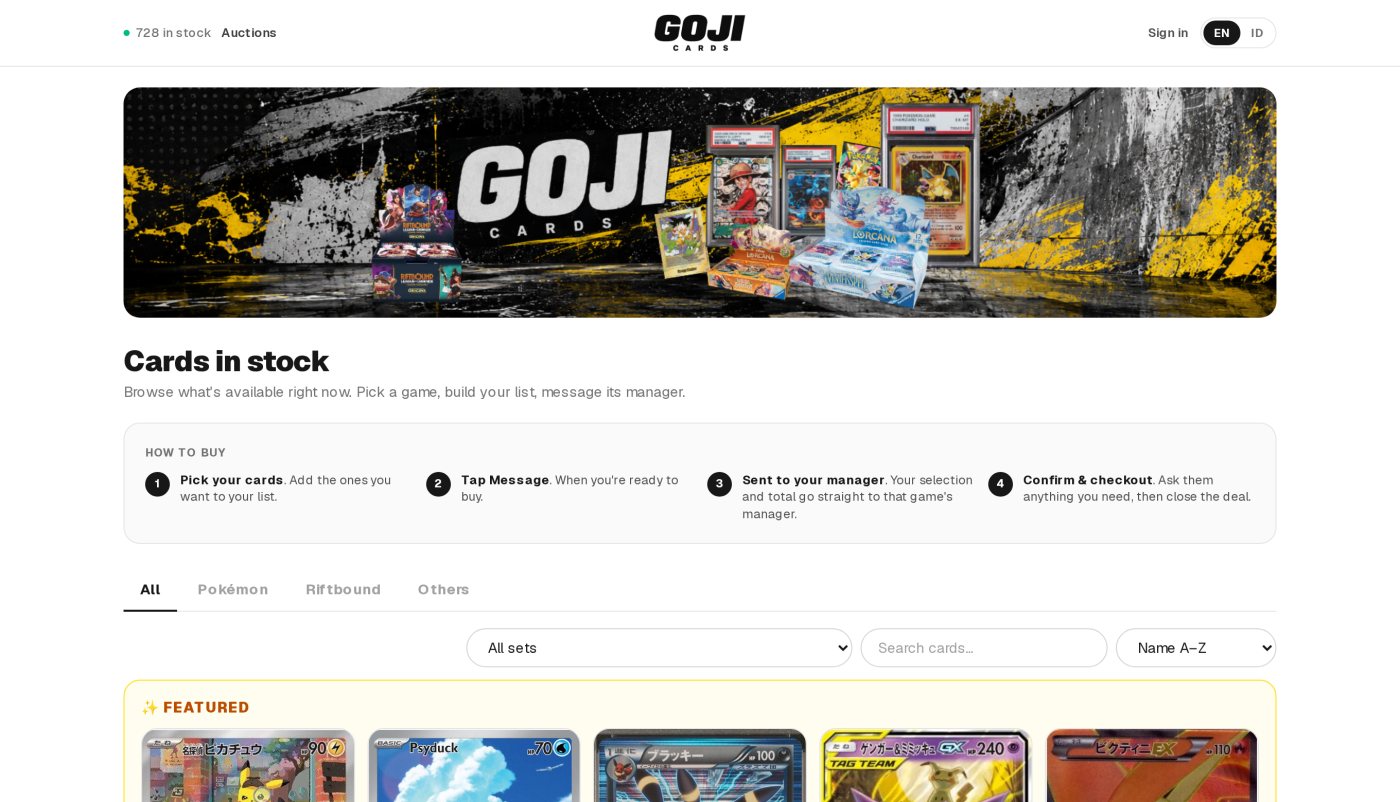 The GojiCards storefront running on CardArc — branded hero, live inventory and featured cards