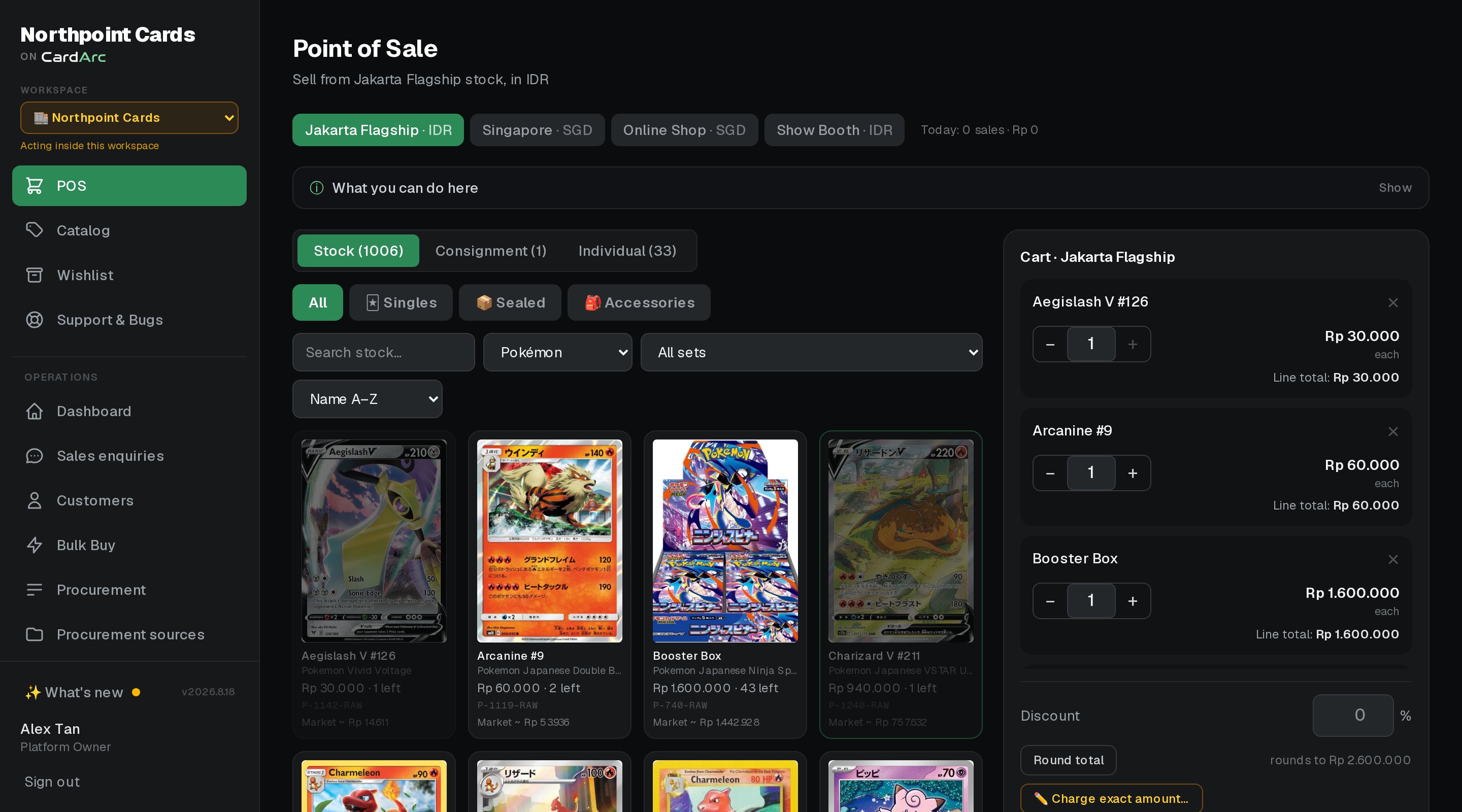 The CardArc POS - visual product grid, cart and market-aware pricing